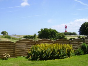 Der Ausblick vom Garten auf Deich und Leuchtturm. Direkt hinterm Deich ist die Ostsee.